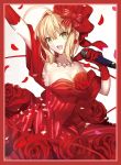  1girl ahoge blonde_hair bow breasts cleavage dress fate_(series) flower gloves hair_flower hair_ornament hair_ribbon highres long_hair looking_at_viewer microphone open_mouth petals red_dress red_gloves ribbon rose rose_petals saber shinooji solo type-moon 
