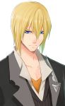  1boy blonde_hair blue_eyes coat eizen_(tales) expressionless looking_at_viewer male_focus orange_shirt shirt solo tales_of_(series) tales_of_berseria tktg upper_body white_background 