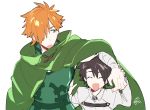  2boys archer_(fate/extra) black_hair cloak closed_eyes dated fate/grand_order fate_(series) green_eyes hair_over_one_eye looking_up male_focus male_protagonist_(fate/grand_order) minazaka multiple_boys orange_hair signature simple_background smile white_background 