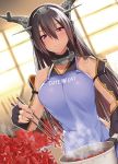  1girl apron bare_shoulders black_gloves black_hair blurry blush breasts collarbone cooking depth_of_field dutch_angle elbow_gloves fingerless_gloves food gloves hair_between_eyes headgear highres indoors kantai_collection large_breasts long_hair matarou_(genkai_toppa) nagato_(kantai_collection) red_eyes sausage smile solo steam tako-san_wiener 