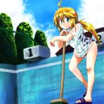  1girl blonde_hair brush cleaning_brush clouds green_eyes leaning_forward legs long_hair m.m one-piece_swimsuit original outdoors ponytail pool sandals school_swimsuit see-through shirt sky smile solo swimsuit swimsuit_under_clothes t-shirt tree wet wet_clothes wet_shirt wet_t-shirt 