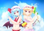  2girls absurdres bikini bikini_skirt blonde_hair blue_hair blush flandre_scarlet frilled_bikini frills hat highres mob_cap multiple_girls red_eyes remilia_scarlet siblings side_ponytail sisters smile surota swimsuit touhou water_gun wings 