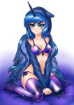    1girl aqua_eyes bangs blue_hair blush bra breasts cleavage collarbone commentary feathered_wings hood hoodie horn looking_at_viewer luna_(my_little_pony) makeup my_little_pony my_little_pony_friendship_is_magic navel on_bed personification racoon-kun sidelocks sitting sitting_on_bed smile solo thigh-highs underwear wariza wings 