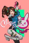  1girl ;d artist_name bangs bodysuit boots bracer breasts brown_eyes brown_hair bunny_print character_name charm_(object) d.va_(overwatch) emblem facepaint facial_mark finger_on_trigger full_body gloves gun hand_up handgun headphones hirundo_rustica holding holding_gun holding_weapon logo long_hair long_sleeves looking_at_viewer mecha medium_breasts one_eye_closed open_mouth overwatch pauldrons pilot_suit ribbed_bodysuit shoulder_pads signature smile solo standing standing_on_one_leg thigh-highs thigh_boots thigh_strap turtleneck v weapon whisker_markings white_boots white_gloves 