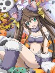  1girl animal_ears bra breasts brown_hair cleavage collar fake_animal_ears fang green_eyes grey_bra hair_ribbon huang_lingyin infinite_stratos long_hair looking_at_viewer lowres navel open_mouth ribbon sitting small_breasts solo twintails underwear yellow_ribbon 