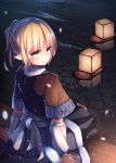  1girl arm_support arm_warmers blonde_hair from_behind green_eyes hair_between_eyes highres japanese_clothes lantern looking_at_viewer miniskirt mizuhashi_parsee paper_lantern pointy_ears pokio ponytail scarf short_hair skirt smile snowing touhou water wooden_floor 