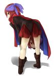  1girl bare_legs black_blouse blouse boots bow breasts cape disembodied_head from_behind hair_bow highres leaning_forward legs_apart long_sleeves miniskirt red_cape red_eyes red_skirt redhead sekibanki short_hair skirt small_breasts touhou tyouseki 