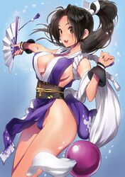  1girl alternate_color blush breasts brown_eyes brown_hair cleavage fan folding_fan japanese_clothes large_breasts looking_at_viewer matsuda_(matsukichi) player_2 ponytail shiranui_mai sideboob simple_background smile solo the_king_of_fighters 