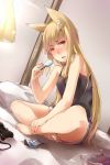  1girl animal_ears ayyh bare_shoulders barefoot bed blonde_hair collarbone controller cushion game_controller gamepad highres indoors popsicle red_eyes shorts sitting solo 