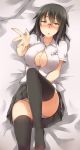  1girl :o ass ayyh bed_sheet black_hair blush breasts brown_eyes collarbone glasses half-closed_eyes highres miniskirt outstretched_arm pleated_skirt skirt skirt_tug solo sweat thigh-highs 