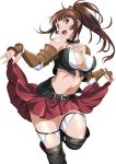  1girl bare_shoulders belt boots breasts brown_eyes brown_hair brown_skirt cleavage collar collarbone high_ponytail ikkitousen long_hair medium_breasts midriff navel open_mouth simple_background skirt skirt_hold solo thigh-highs thigh_boots white_background yagyu_mitsuyoshi 