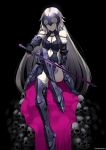  1girl armor artist_name bare_shoulders black_background blonde_hair breasts chain fame_peera fate/grand_order fate_(series) headpiece highres jeanne_alter long_hair looking_at_viewer ruler_(fate/apocrypha) ruler_(fate/grand_order) skull smile solo sword thigh-highs weapon yellow_eyes 