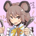  1girl animal_ears blush capelet grey_hair highres mouse_ears nazrin open_mouth pink_background red_eyes rod short_hair solo the_maa touhou 