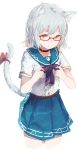  1girl adjusting_bow animal_ears bow cat_ears cat_tail choker highres looking_at_viewer original paw_print red-framed_eyewear roll_okashi school_uniform serafuku short_hair short_sleeves silver_hair skirt solo tail tail_bow yellow_eyes 