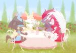  blue_eyes blush_stickers braixen bringthanoise bush chair closed_eyes cup flower grass looking_at_another lucario lugarugan no_humans open_mouth outdoors pokemon pokemon_(creature) rose_bush sitting smile table tablecloth tea tea_party teacup twitter_username vase zoroark 