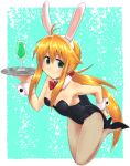  1girl animal_ears bare_shoulders blonde_hair bow bowtie breasts bunnysuit cleavage cup detached_collar drink drinking_glass fake_animal_ears green_eyes hand_on_hip high_heels highres holding legs_up leotard long_hair m.m original pantyhose ponytail rabbit_ears shoes small_breasts smile solo tray very_long_hair wrist_cuffs 