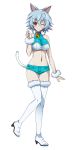  1girl animal_ears bell bell_collar blue_hair blue_shorts boots bra breasts cat_ears cat_tail cleavage collar collarbone eyebrows eyebrows_visible_through_hair fake_animal_ears full_body hairband highres infinite_stratos large_breasts looking_at_viewer navel one_eye_closed red_eyes sarashiki_tatenashi short_hair short_shorts shorts smile solo tail thigh-highs thigh_boots transparent_background underwear white_boots white_bra white_hairband 