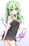  1girl alternate_costume alternate_hair_length alternate_hairstyle arched_back armpit_peek bare_arms bare_shoulders black_dress blue_eyes blush breasts chemise cleavage commentary cowboy_shot dress eyeball from_side green_hair hand_on_own_chest komeiji_koishi looking_at_viewer looking_to_the_side medium_breasts no_hat no_headwear ominaeshi_(takenoko) parted_lips short_dress sideboob sidelocks solo strap_slip third_eye touhou white_background 