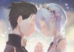  1boy 1girl black_hair blue_hair closed_eyes couple detached_sleeves forehead-to-forehead hair_ornament harusabin hetero highres holding_hands natsuki_subaru re:zero_kara_hajimeru_isekai_seikatsu rem_(re:zero) short_hair smile x_hair_ornament 