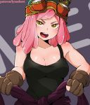  1girl boku_no_hero_academia breasts brown_gloves cleavage clothes_around_waist gloves goggles goggles_on_head hatsume_mei long_hair lynasheet medium_breasts partly_fingerless_gloves pink_hair solo sweater_around_waist symbol-shaped_pupils tank_top yellow_eyes 