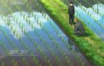  2boys arms_at_sides bag black_hair blonde_hair clouds copyright_name cover cover_page day doujin_cover english field from_above gakuran grass hiko_(scape) kageyama_shigeo looking_down male_focus mob_psycho_100 multiple_boys outdoors path pointing power_lines reflection reigen_arataka rice_paddy road school_bag school_uniform short_hair sky squatting water 