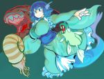  1girl blue_eyes blue_hair blush blush_stickers breasts drill_hair frilled_kimono frills full_body green_kimono head_fins japanese_clothes kimono large_breasts mermaid monster_girl nautilus_(animal) obi open_mouth outstretched_arms pokemon pokemon_(creature) remoraid sash short_hair smile spread_arms touhou underwater wakasagihime wide_sleeves 