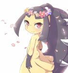  1girl black_hair cherry_blossoms extra_mouth fangs flower from_behind hair_flower hair_ornament head_wreath long_hair looking_back mawile no_humans petals pokemon pokemon_(creature) pokemon_(game) ponytail red_eyes smile solo teeth youki_(yuyuki000) 
