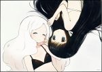  2girls artist_name ayu_(mog) black black_bra black_hair blue_eyes border bra breasts closed_eyes colored_eyelashes expressionless grey_background hand_up long_hair looking_at_another multiple_girls original simple_background sleeping small_breasts underwear upper_body upside-down very_long_hair white white_bra white_hair 