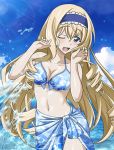  1girl bikini blonde_hair blue_bikini blue_eyes blue_hairband bow breasts cecilia_alcott cleavage collarbone eyebrows eyebrows_visible_through_hair hair_bow hairband infinite_stratos long_hair lowres medium_breasts navel one_eye_closed open_mouth outdoors solo swimsuit 