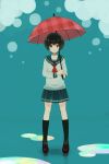  1girl black_hair black_legwear blue_background blue_eyes blush brown_shoes closed_mouth collarbone eyebrows eyebrows_visible_through_hair frown full_body highres holding holding_umbrella kneehighs loafers long_sleeves looking_at_viewer neckerchief original puddle rjngo school_uniform serafuku shirt shoes solo umbrella wet wet_clothes wet_hair wet_shirt white_shirt 