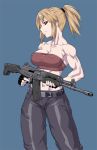  1girl assault_rifle bare_shoulders black_gloves blonde_hair blue_background breasts cleavage collarbone covered_nipples cowboy_shot ebr-kii fingerless_gloves gloves gun large_breasts long_hair midriff muscle muscular_female navel original pants ponytail red_eyes revision rifle sidelocks solo standing strapless trigger_discipline tubetop weapon 