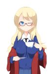  bespectacled blonde_hair blue_eyes blue_sweater collared_shirt commentary_request cup darjeeling girls_und_panzer glasses hair_down hazuki_shizuku highres kitamura_eri long_hair long_sleeves looking_at_viewer necktie new_game! one_eye_closed plate pleated_skirt red-framed_eyewear red_glasses saucer school_uniform seiyuu_connection semi-rimless_glasses shirt simple_background skirt solo sweater teacup upper_body white_background white_shirt zafuri_(yzrnegy) 