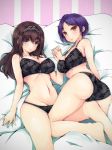  2girls ass bangs black_bra black_hair black_panties blue_eyes blush bra breasts cleavage hairband hayami_kanade highres holding_hands idolmaster idolmaster_cinderella_girls long_hair looking_at_viewer multiple_girls navel on_bed panties parted_bangs ryuu. sagisawa_fumika short_hair smile underwear underwear_only yellow_eyes 