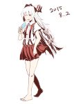  1girl absurdres barefoot bow fujiwara_no_mokou full_body hair_bow highres long_hair miniskirt open_mouth popsicle red_eyes skirt solo suspenders the_maa touhou very_long_hair white_background white_hair 