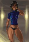  1girl absurdres ass_visible_through_thighs black_hair black_panties breasts dark_skin eye_of_horus facial_tattoo hair_tubes highres no_pants overwatch panties pharah_(overwatch) shirt short_hair skin_tight small_breasts solo t-shirt tattoo thick_thighs thighs toned underwear ziromaru 