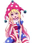  1girl american_flag_legwear american_flag_shirt blonde_hair blush breasts clownpiece frilled_shirt_collar frills hat head_tilt heart heart-shaped_pupils jester_cap long_hair medium_breasts open_mouth pantyhose pink_eyes polka_dot shirt short_sleeves simple_background sitting smile solo star star_print striped symbol-shaped_pupils teeth touhou v_arms very_long_hair white_background you_(noanoamoemoe) 