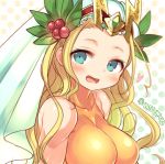  1girl bare_shoulders blonde_hair blush bodysuit breasts genderswap genderswap_(mtf) green_eyes headdress heart large_breasts long_hair looking_at_viewer marshmallow_mille open_mouth puzzle_&amp;_dragons scarf solo thor_(p&amp;d) twitter_username wavy_hair 