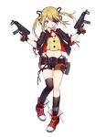  1girl :p artist_request blonde_hair blue_eyes eyepatch girls_frontline gun highres looking_at_viewer navel official_art shoes shorts skorpion_vz._61 smile solo submachine_gun tongue tongue_out twintails weapon 