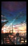  1girl ahoge blurry border building city clouds commentary depth_of_field dusk from_behind haiki_(hakkyoii06) highres horizon lamppost neck_ribbon original railing ribbon scenery see-through shooting_star short_hair sky solo stairs star_(sky) upper_body wind 