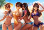  4girls bikini bikini_skirt breasts bunny_print cellphone cleavage d.va_(overwatch) dark_skin day headphones highleg highleg_bikini looking_at_viewer mechanical_arm medium_breasts mercy_(overwatch) multiple_girls navel outdoors overwatch phone profile standing stomach swimsuit symmetra_(overwatch) tracer_(overwatch) under_boob yang_fan 