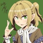  1girl blonde_hair blush eyebrows eyebrows_visible_through_hair green_background green_eyes highres mizuhashi_parsee parted_lips pointy_ears ponytail raised_eyebrows scarf solo the_maa touhou upper_body 