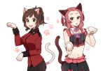  2girls animal_ears blush brown_eyes brown_hair cat_ears cat_tail cosplay costume_switch cowboy_shot fang flower girls_und_panzer green_eyes groin idolmaster idolmaster_cinderella_girls ilhi maekawa_miku maekawa_miku_(cosplay) midriff multiple_girls navel over_the_collar paw_pose paw_print pink_hair raised_eyebrows rose rosehip rosehip_(cosplay) seiyuu_connection short_hair sweatdrop tail takamori_natsumi white_background 