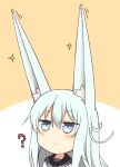  ? animal_ears blue_eyes blue_hair blush chibi closed_mouth commentary ear_wiggle expressionless eyebrows eyebrows_visible_through_hair fox_ears hair_between_eyes hibiki_(kantai_collection) highres jitome kantai_collection kemonomimi_mode long_hair looking_up motion_lines nonono_(mino) pokemon pokemon_(game) pokemon_ears pokemon_sm school_uniform serafuku sparkle two-tone_background upper_body very_long_ears 