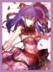  black_bow bow dress fate_(series) hat highres neck_ribbon petals purple_dress purple_hair ribbon rose_petals shinooji violet_eyes 
