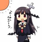  1girl :d bat black_hair black_serafuku chibi cross fang garlic kanikama long_hair looking_at_viewer neckerchief open_mouth original out_of_character pleated_skirt red_eyes school_uniform serafuku skirt smile solo sun translated vampire 