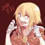  1girl adapted_costume black_background blonde_hair cape gloves highres open_mouth red_eyes rumia short_hair solo the_maa touhou 