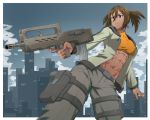  1girl abs aiming belt breasts brown_hair bullpup commentary dark_skin earrings ebr-kii gun hair_between_eyes handgun holster jacket jewelry large_breasts muscle muscular_female navel open_clothes open_jacket original pistol solo sports_bra thigh_holster trigger_discipline twintails violet_eyes weapon 