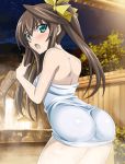  1girl ass bare_back bare_shoulders brown_hair eyebrows eyebrows_visible_through_hair green_eyes hair_ribbon huang_lingyin infinite_stratos long_hair looking_at_viewer lowres naked_towel open_mouth outdoors ribbon solo towel twintails wet yellow_ribbon 