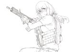  1girl ayyh bulletproof_vest gloves gun lineart long_hair looking_to_the_side rifle safety_glasses solo vest weapon 