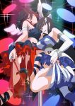  2girls biting black_hair blue_eyes blush colored commentary cosplay creator_connection dr._neque finger_biting hair_ornament hairclip highres kill_la_kill kiryuuin_satsuki long_hair matoi_ryuuko mini_wings multiple_girls panties panty_&amp;_stocking_with_garterbelt panty_(psg) panty_(psg)_(cosplay) panty_pull pole pole_dancing short_hair sparkle stocking_(psg) stocking_(psg)_(cosplay) stripper_pole thighhighs_pull underwear yunkru 